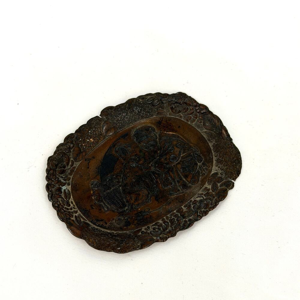 Vintage Meiji Period Japanese Embossed Copper Trinket Dish